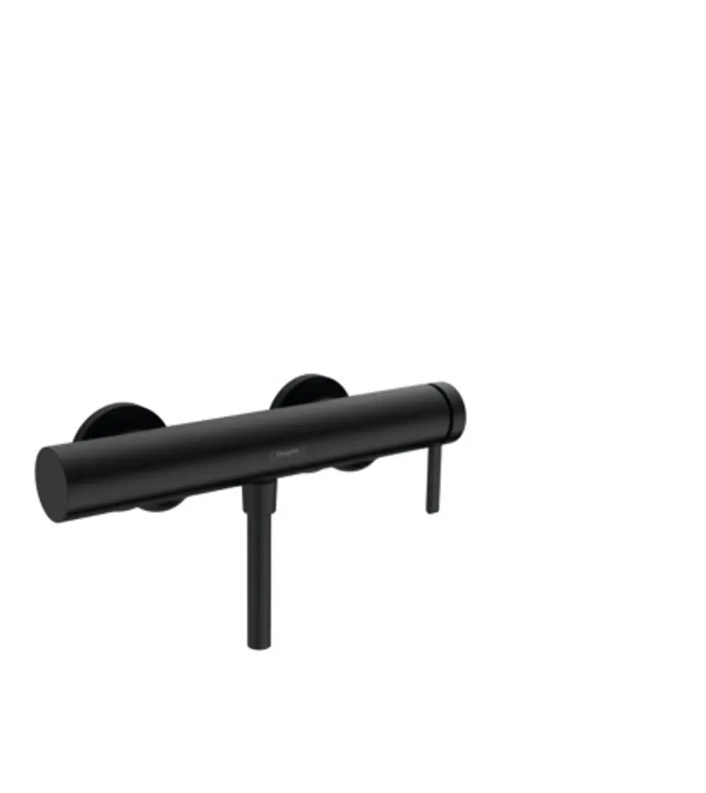 Hansgrohe Einhebel-Brausemischer in mattschwarz mit röhrenförmigem Design und zwei drehbaren Bedienelementen, montiert auf einer Wandplatte.